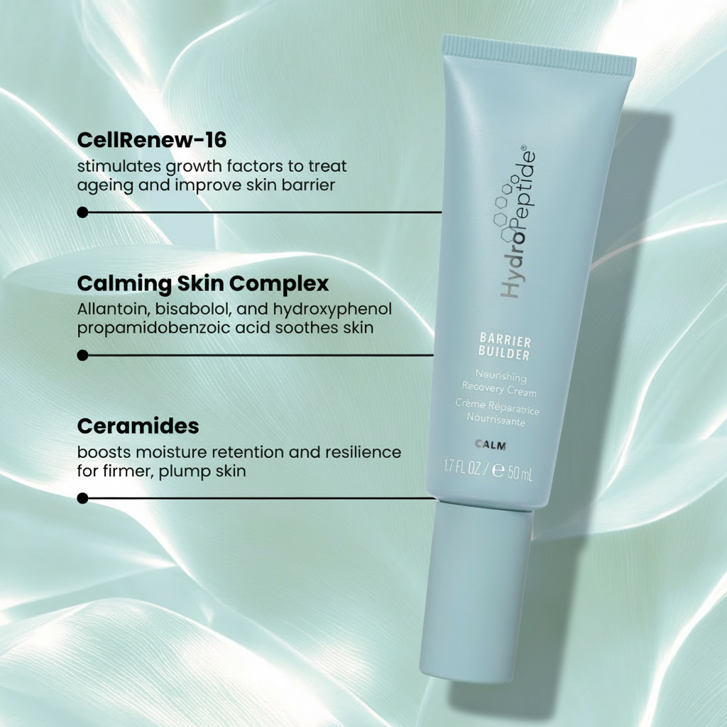 Tube of HydroPeptide Barrier Builder on a light green background