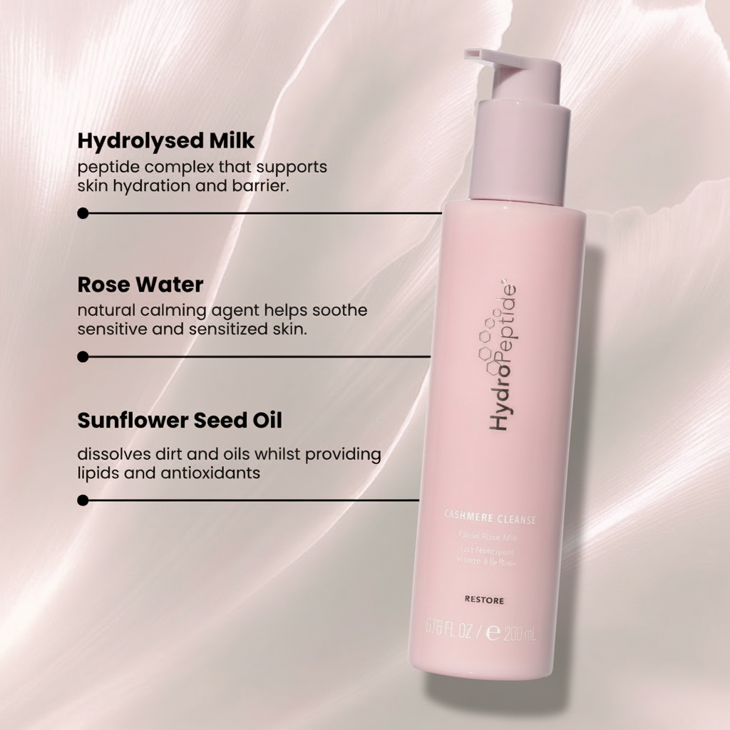 Cashmere Cleanse with text detailing ingredients on a light pink background