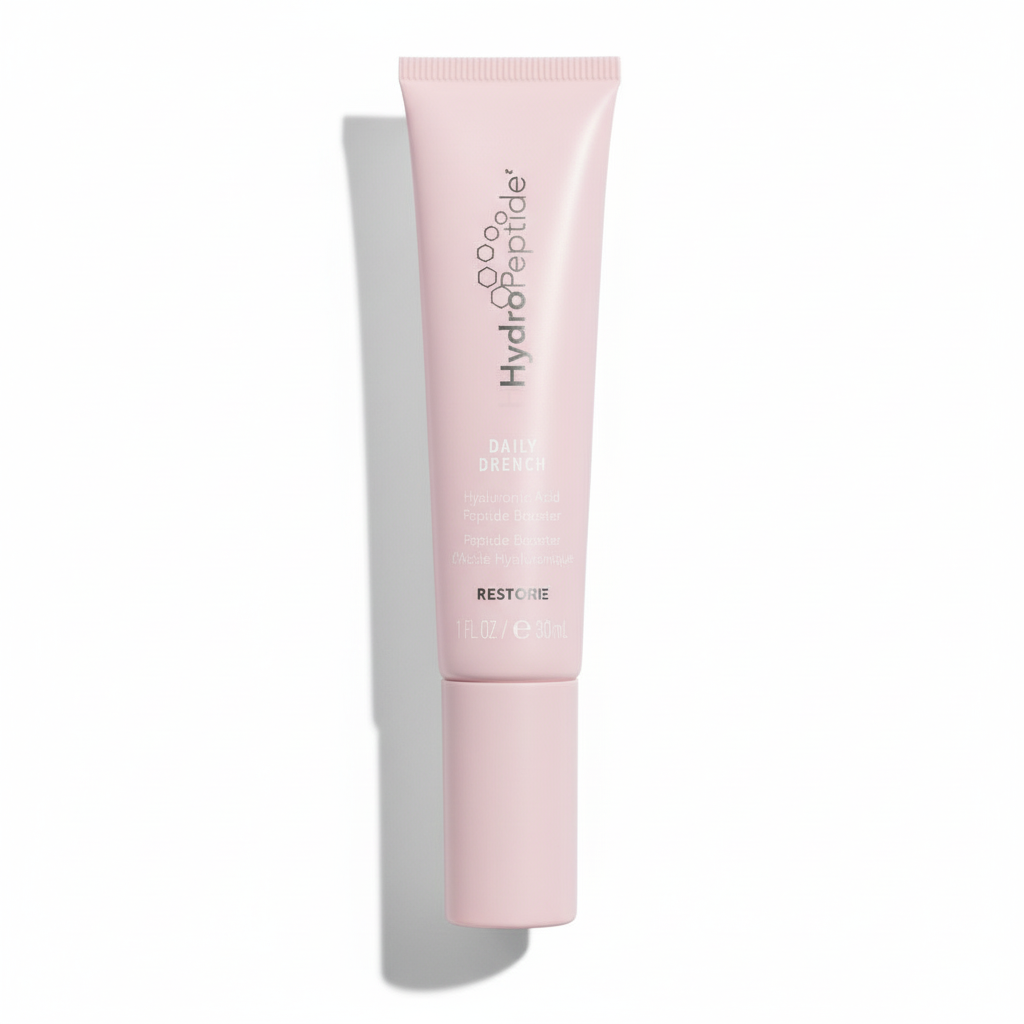 Pink skincare tube  of 'Hydropeptide Daily Drench' on a white background