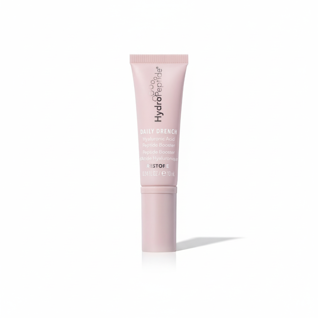 Pink skincare tube  of 'Hydropeptide Daily Drench' on a white background