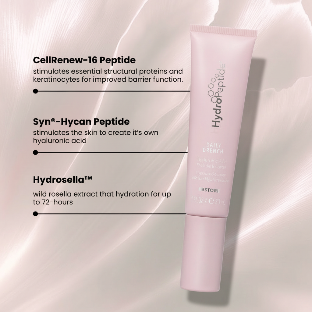 Pink Hydropeptide Daily Drench with text detailing peptide and extract ingredients on a light pink background