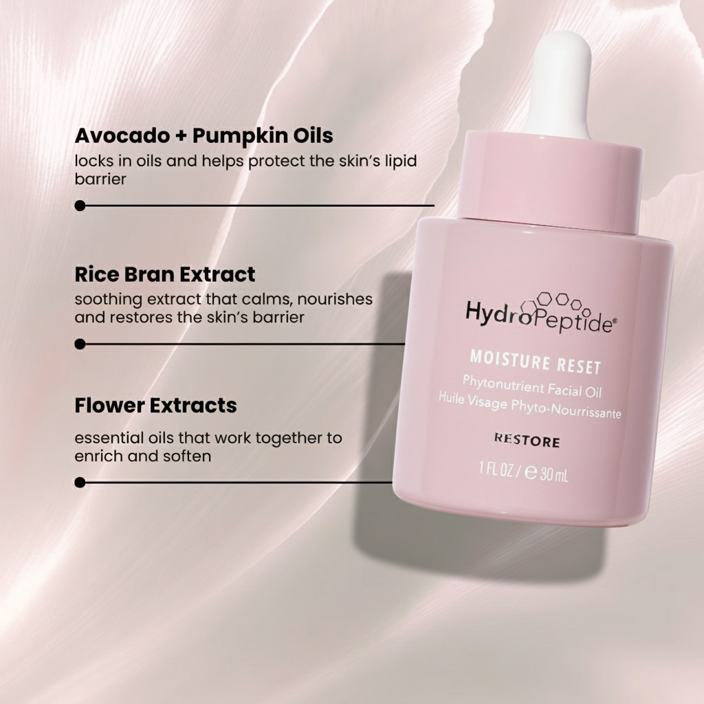 HydroPeptide Moisture Reset bottle with ingredients listed on a light pink background
