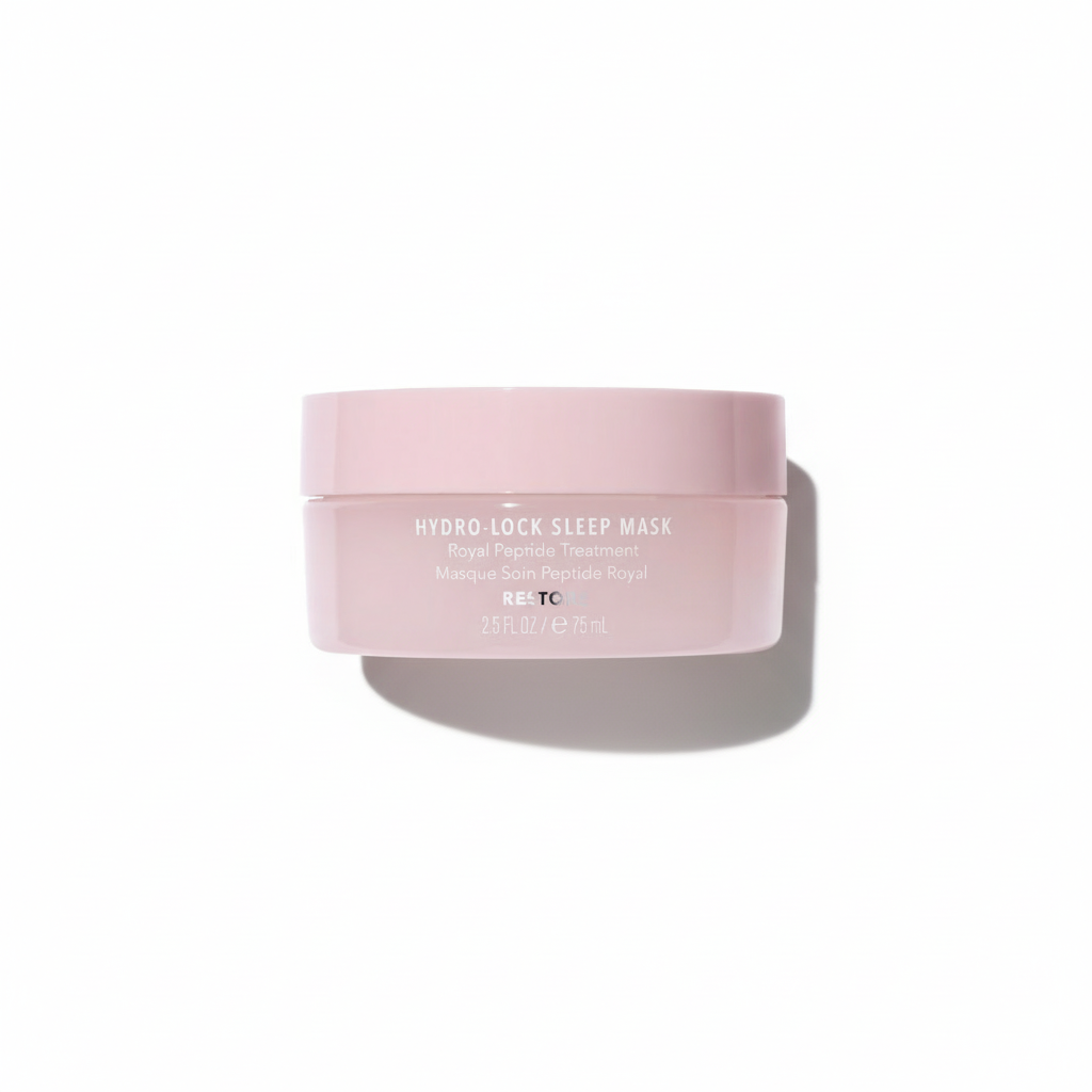 Pink jar of hydro-lock sleep mask on a white background