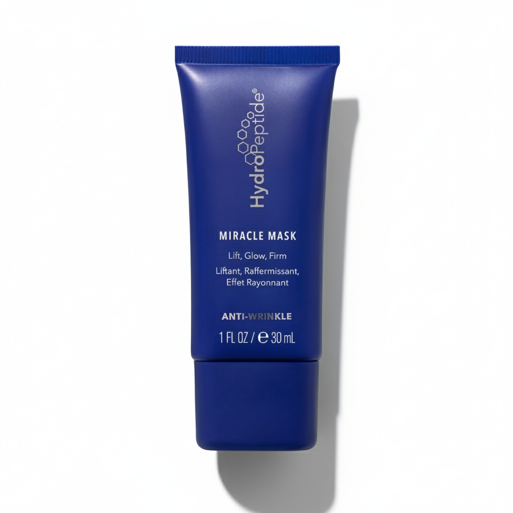 Blue tube of HydroPeptide Miracle Mask on a white background