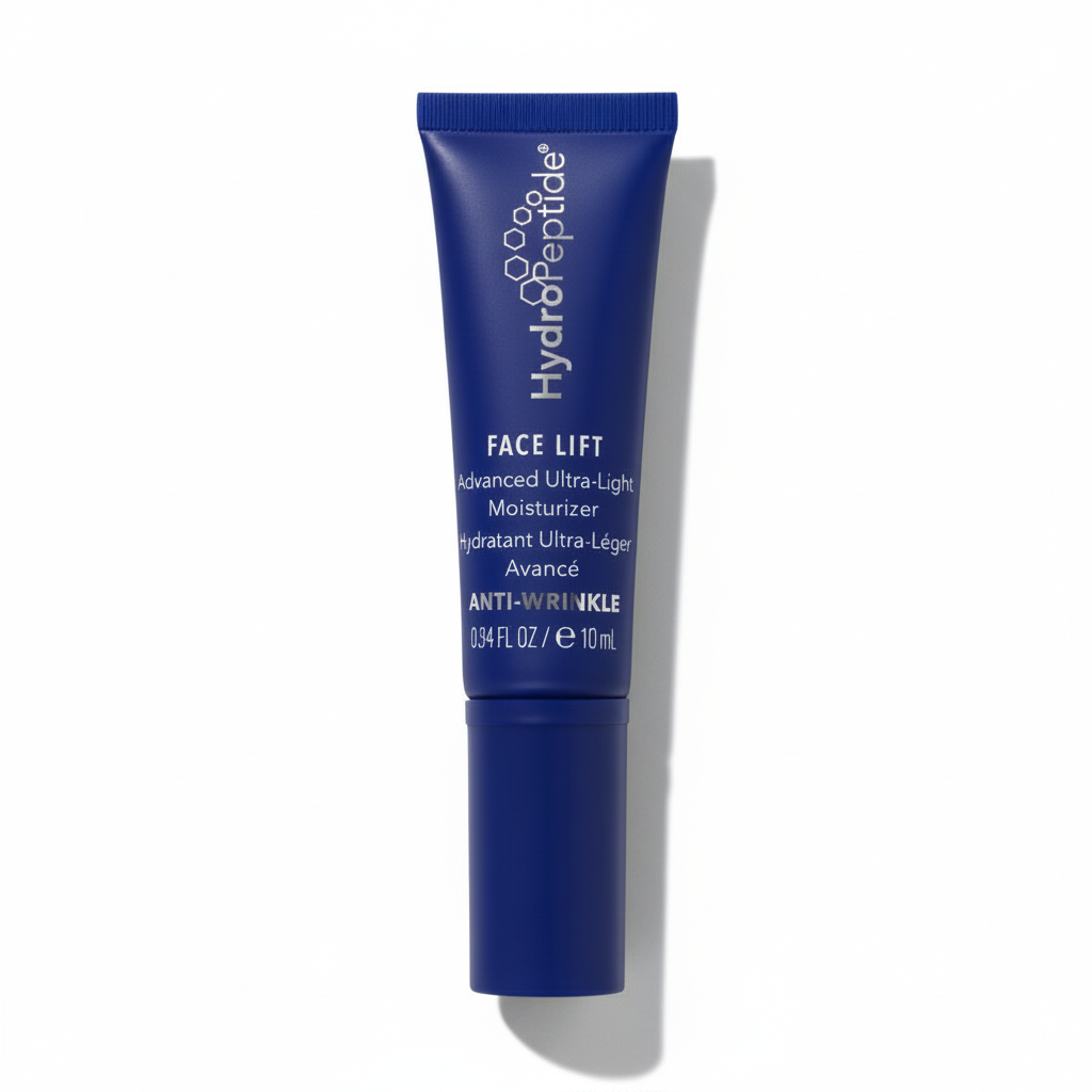 Blue skincare tube labeled 'HydroPeptide' on a white background