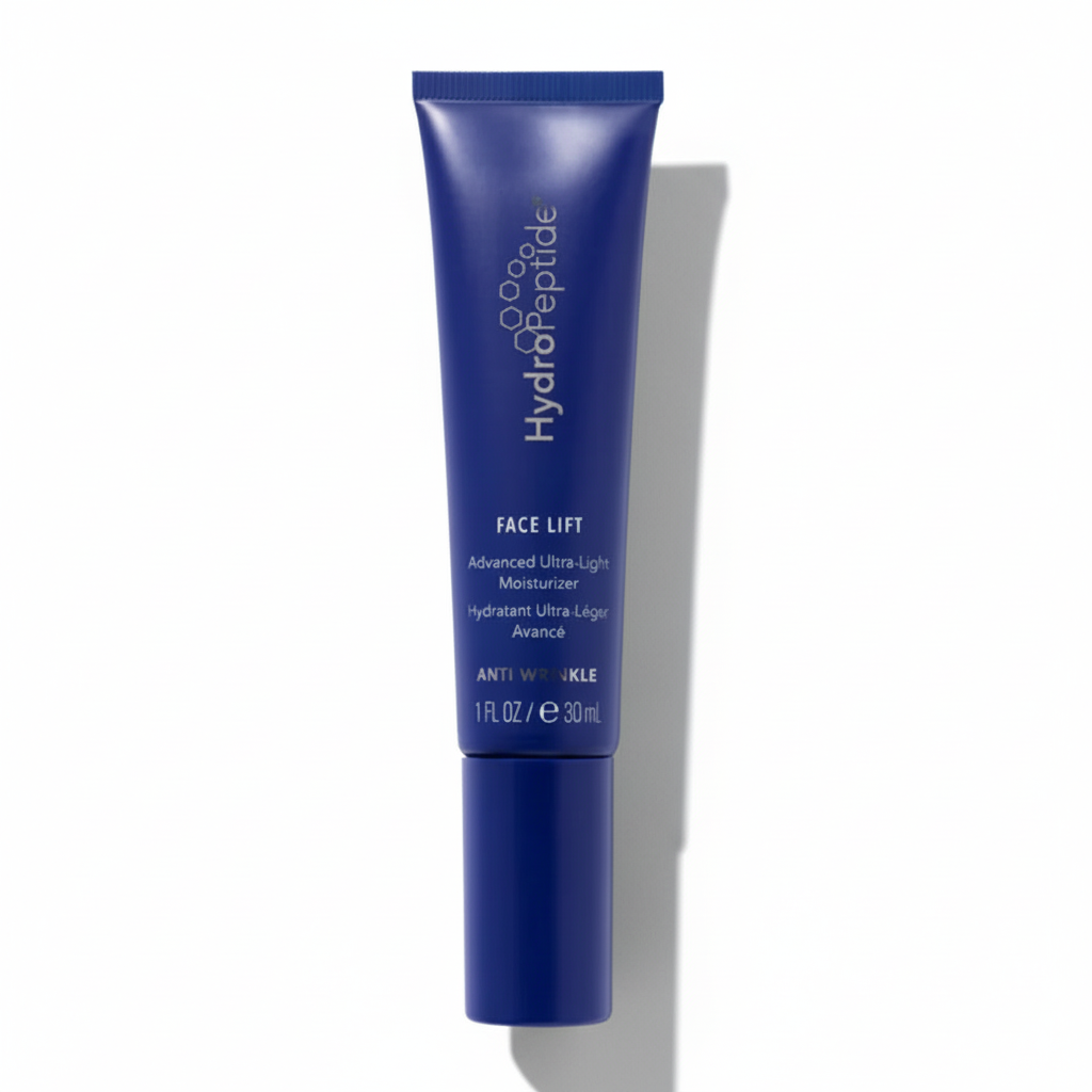 Blue tube of HydroPeptide Face Lift moisturizer on a white background