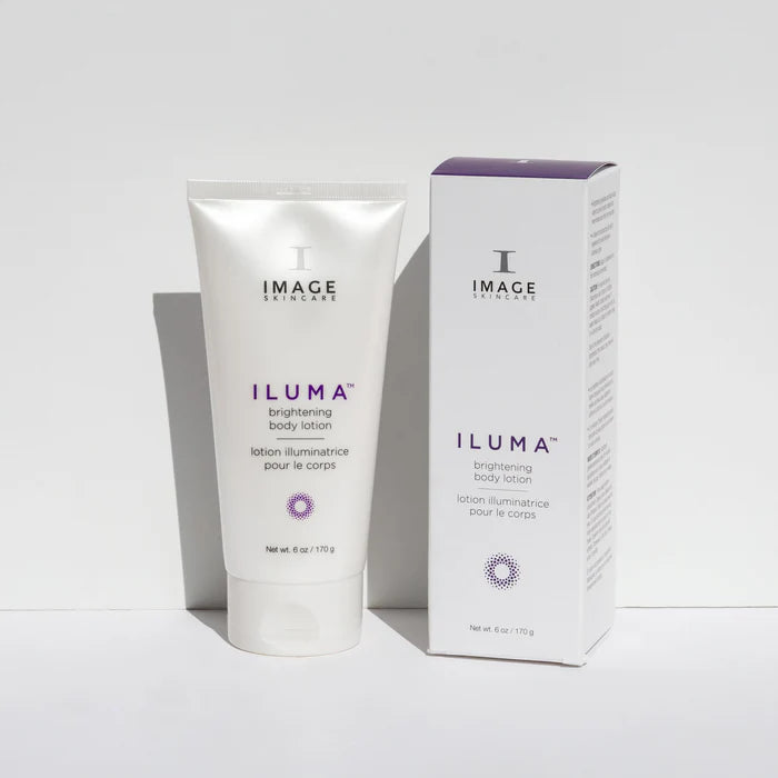 IMAGE Iluma brightening body lotion with packaging on a white background