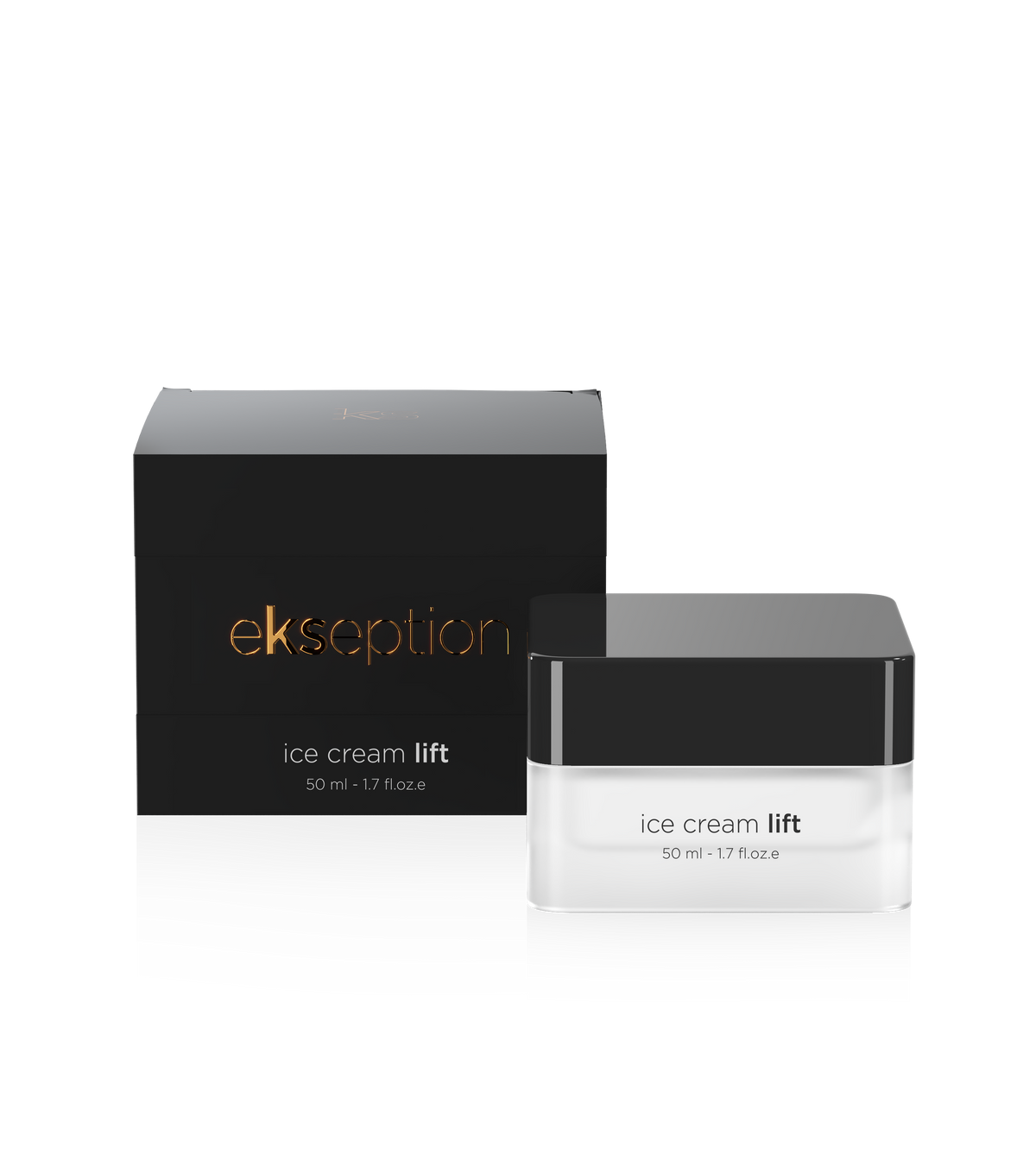 Ekception ice cream lift skincare cream in a clear jar with a black lid, shown next to its black packaging box on a white background.