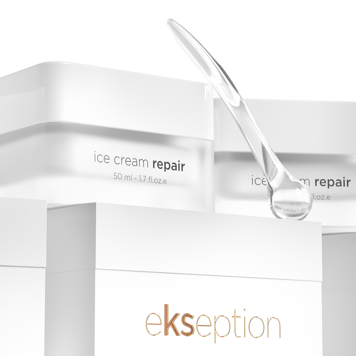 Ekseption Ice Cream Repair product packaging with a clear silicone dropper resting on top of white boxes against a white background.