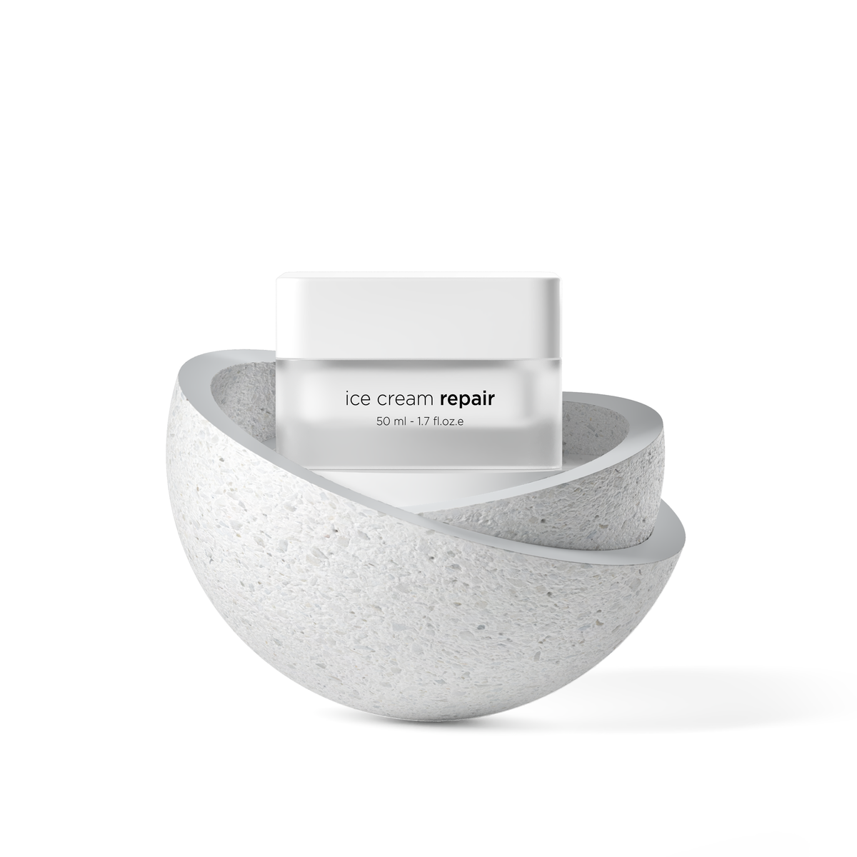 White jar labeled 'ekseption ice cream repair' with a textured white bowl on a white background