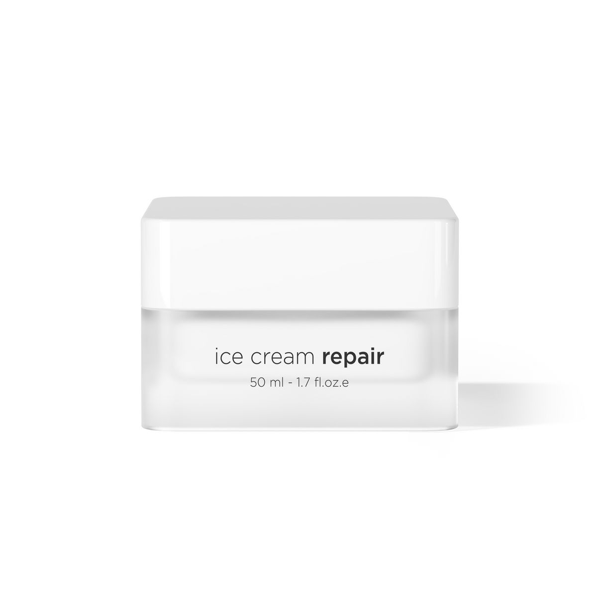 A white cosmetic jar labeled 'ice cream repair' with '50 ml - 1.7 fl.