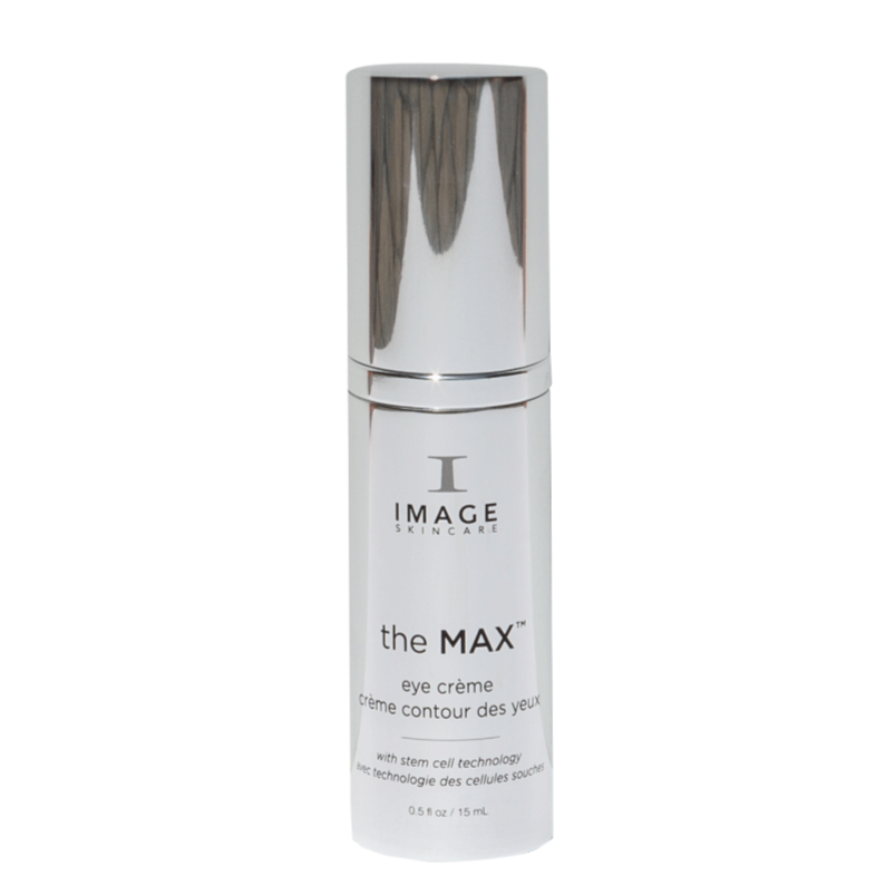 A bottle of the MAX Stem Cell Eye Creme by IMAGE, designed for skincare and targeted eye care.