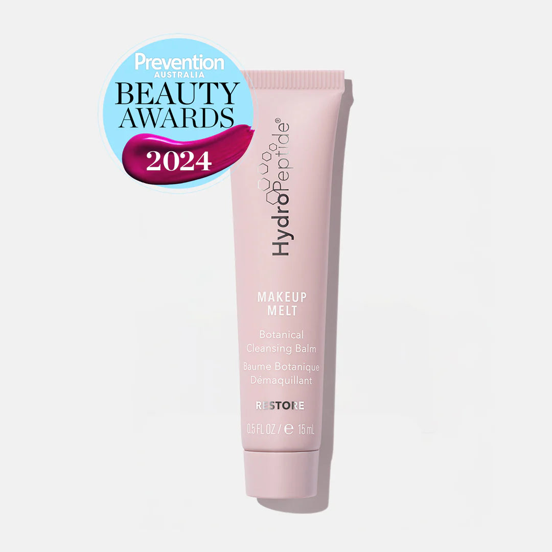 Pink tube of HydroPeptide Makeup Melt with Prevention Beauty Awards 2024 logo on a white background