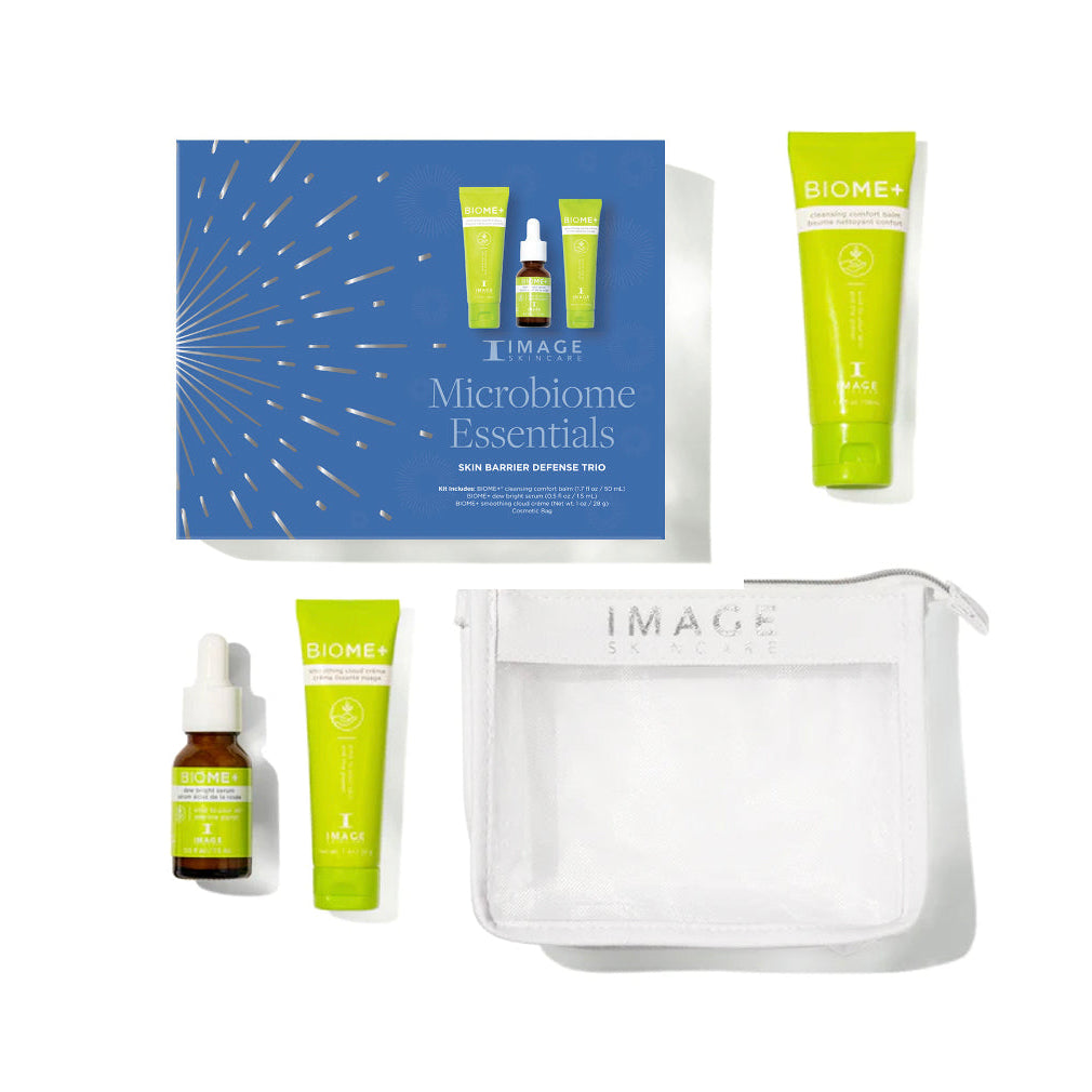 A collection of skincare products including a cleansing balm, a dew bright serum, and a smoothing crème, presented with their packaging and a transparent cosmetic bag.
