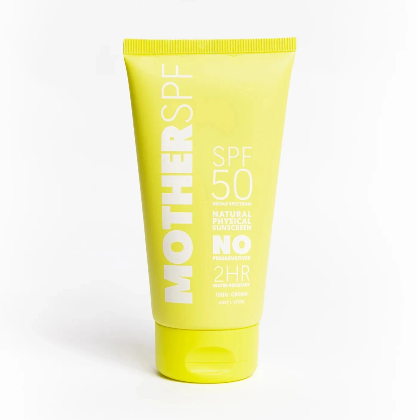 A yellow tube of sunscreen lotion labeled 'MOTHERSPF' positioned against a white background.