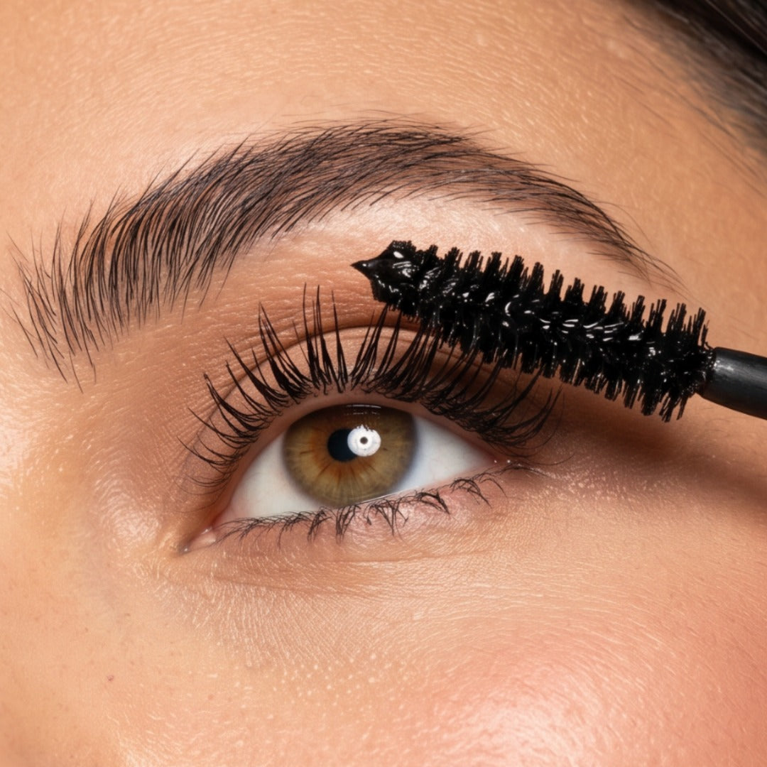 Close-up of a person's eye applying Ever-lash Youngblood black mascara with a spoolie wand, showing long curled lashes and a defined eyebrow.