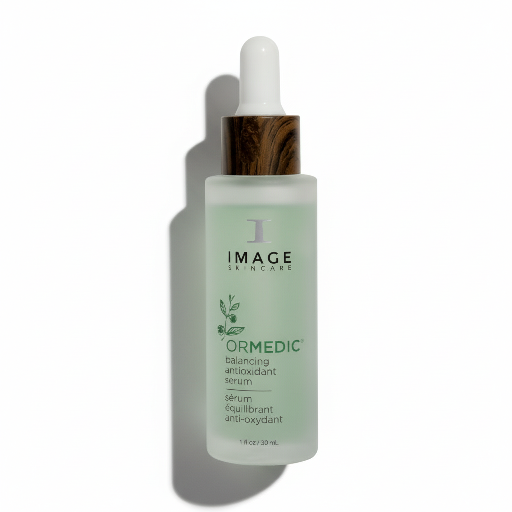 Skincare serum bottle with dropper on a white background