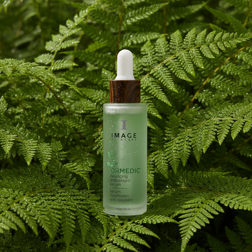 Skincare serum bottle with dropper on a white background