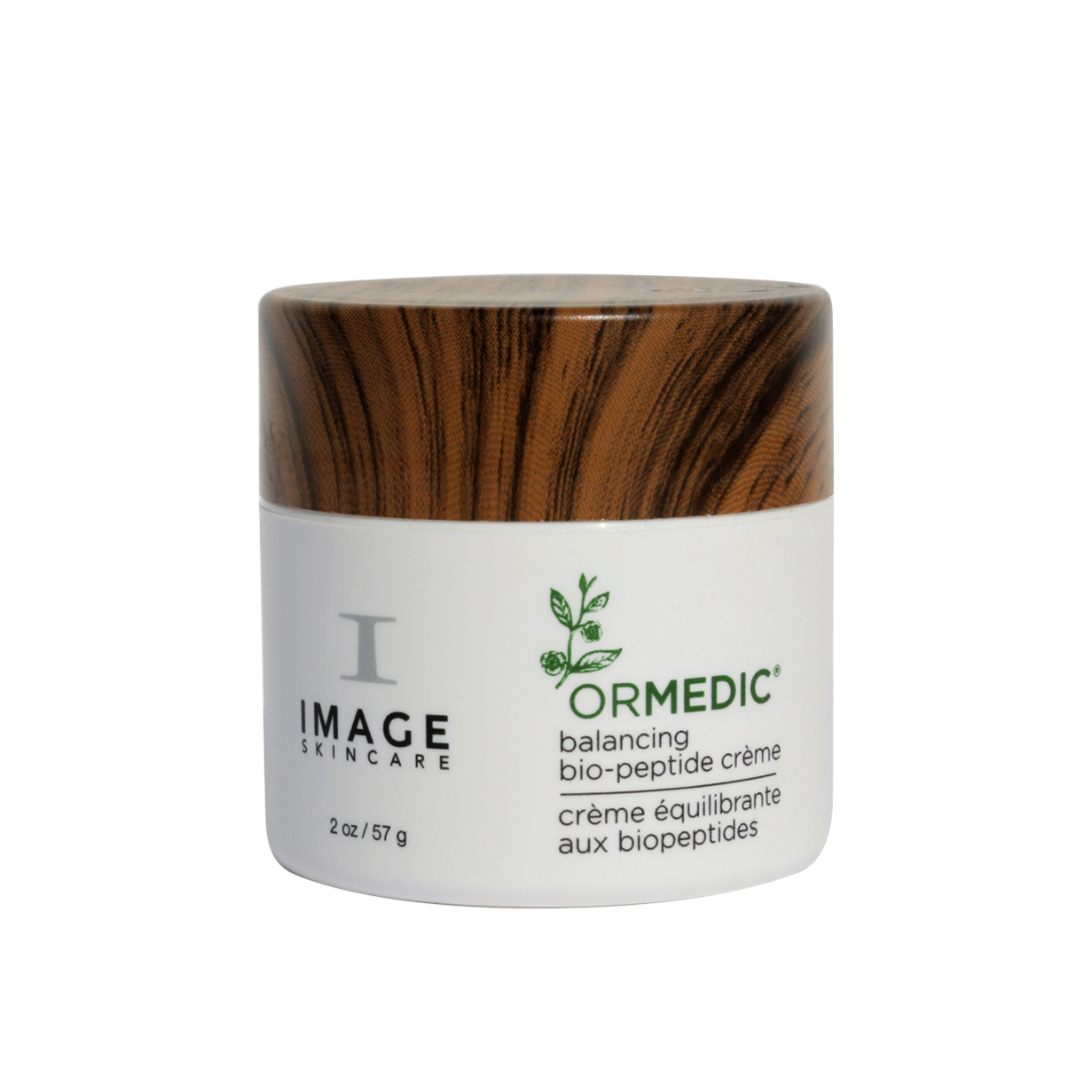 A jar of IMAGE Skincare ORMEDIC Balancing Bio Peptide Creme with a white label and green accents on a plain background.