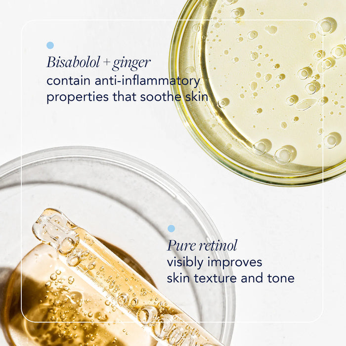 Skincare product with text about Bisabolol, ginger, and retinol on a light background