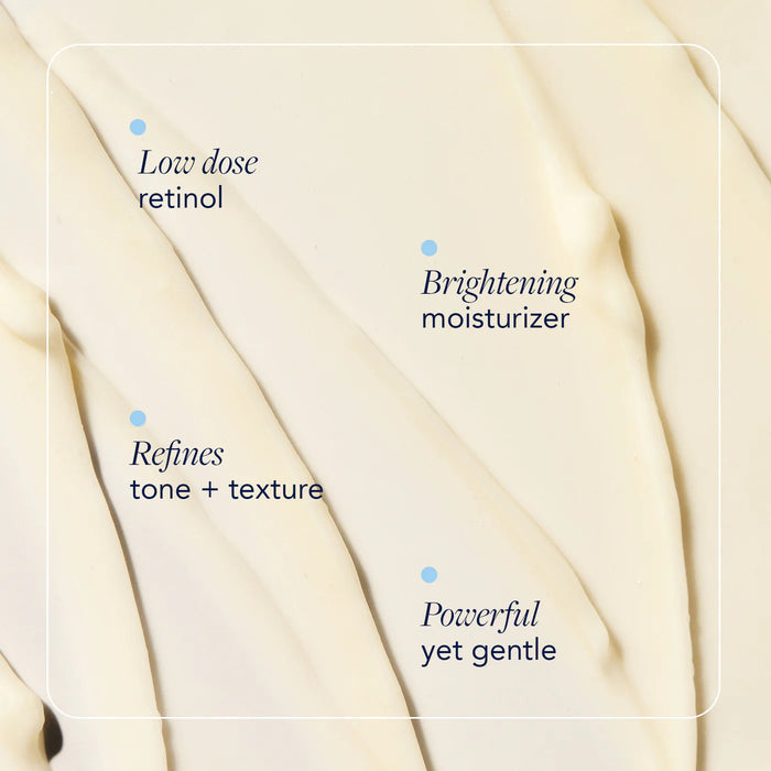 Text on a beige background describing skincare benefits with low dose retinol and brightening moisturizer.