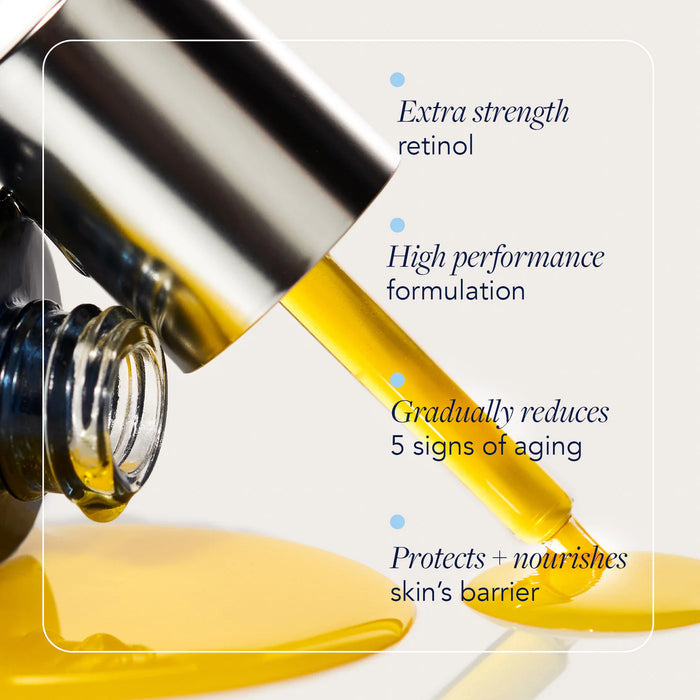 Yellow liquid being poured from a dropper bottle with text about skincare benefits on a light gray background.