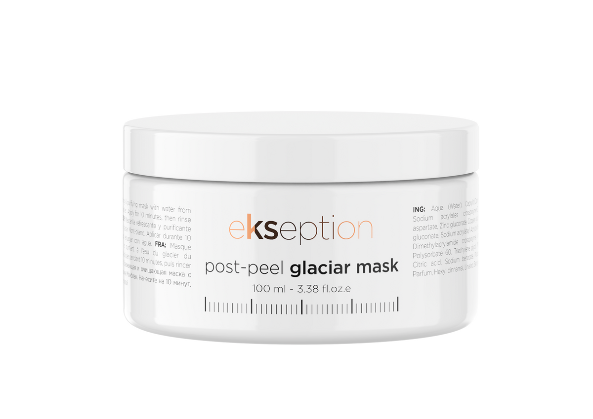 A white plastic jar of ekseption post-peel glacier mask with a white lid, shown on a plain white background.