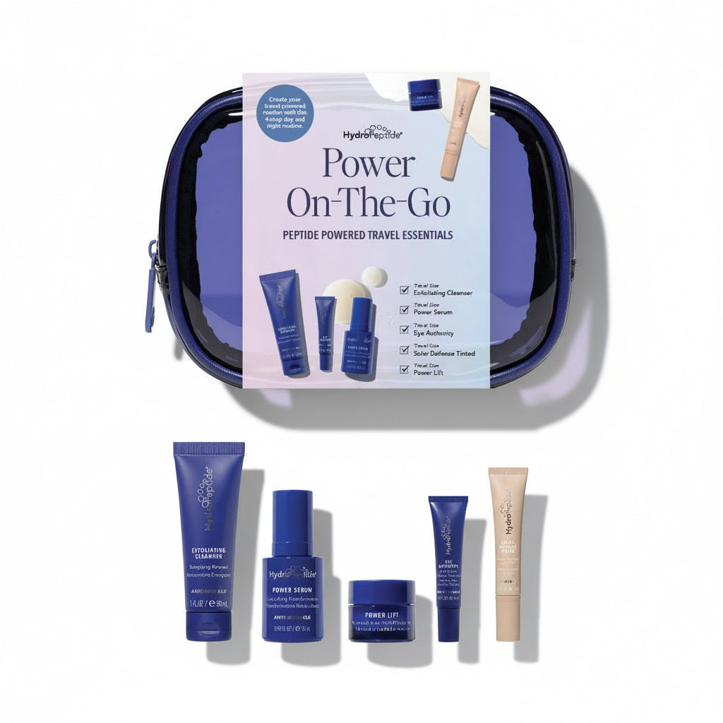 HydratingHolic Power On-The-Go skincare travel set with blue and purple packaging on a white background.