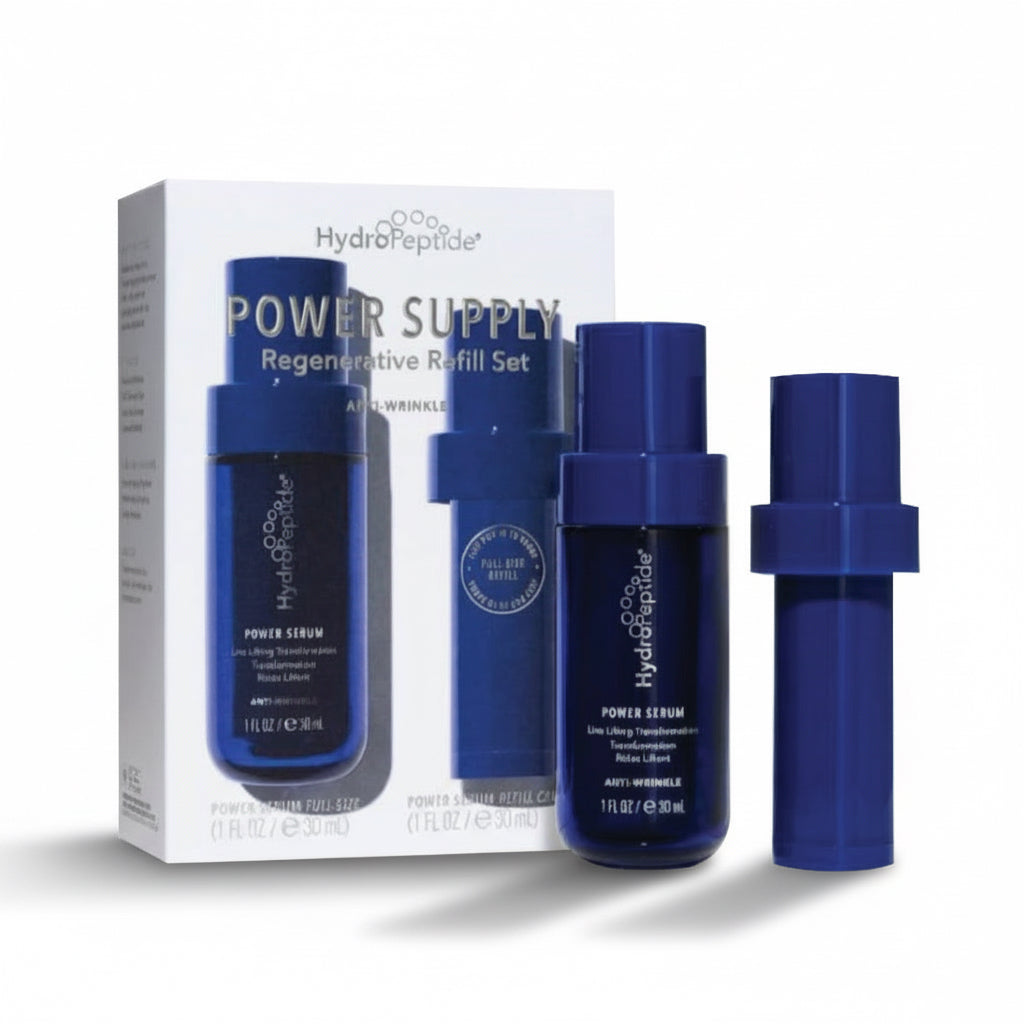 HydroPeptide Power Supply Regenerative Refill Set with blue serum bottles on a white background