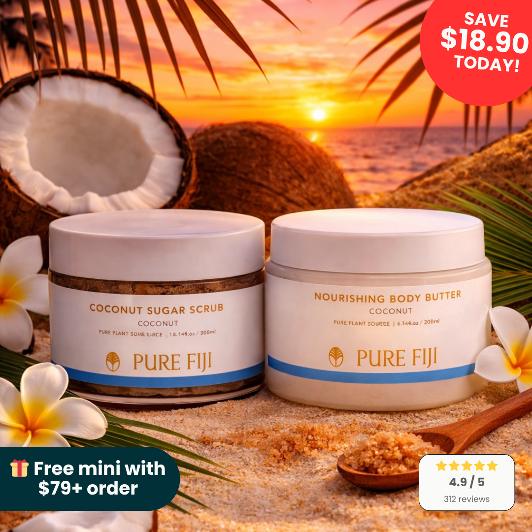Two Pure Fiji coconut products with a sunset beach background