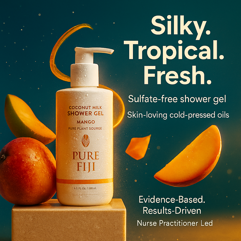 Pure Fiji coconut milk shower gel with mangoes on a dark blue background