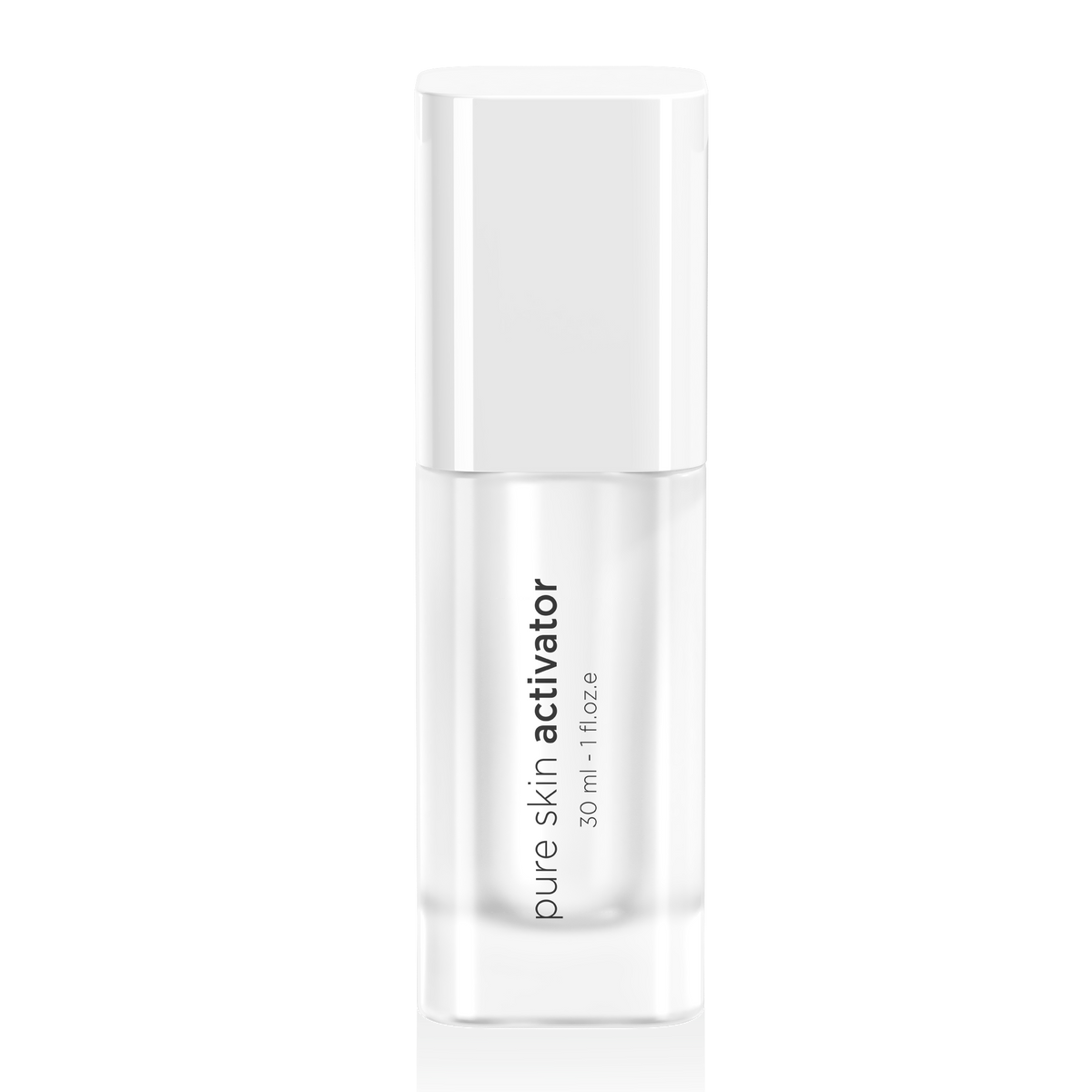 A clear glass bottle of pure skin activator serum with a white cap, shown on a clean white background with a soft reflection.