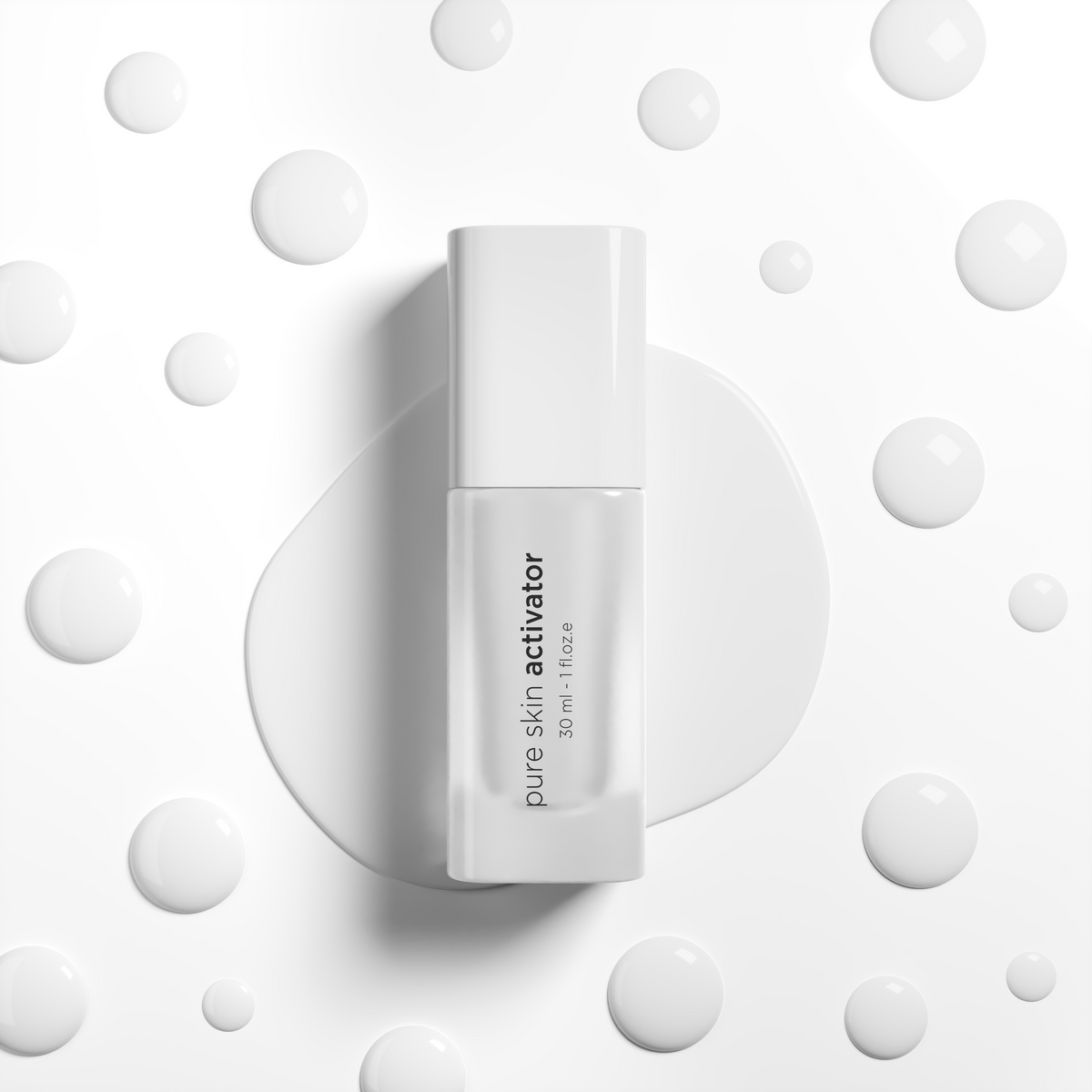 A white cosmetic bottle labeled 'pure skin activator' centered on a white background with decorative liquid droplets and a white cream smear.