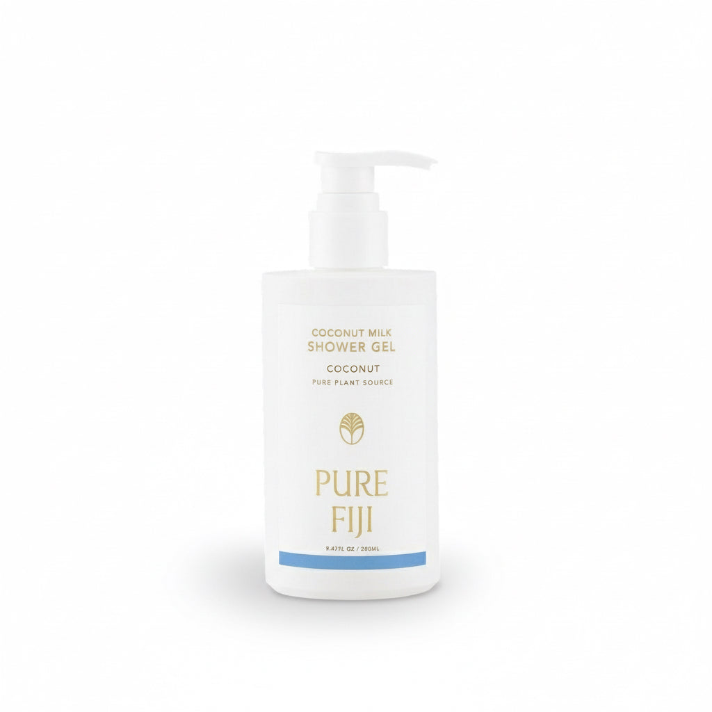 A pump bottle of Pure Fiji Coconut Milk Shower Gel with white and blue labeling.