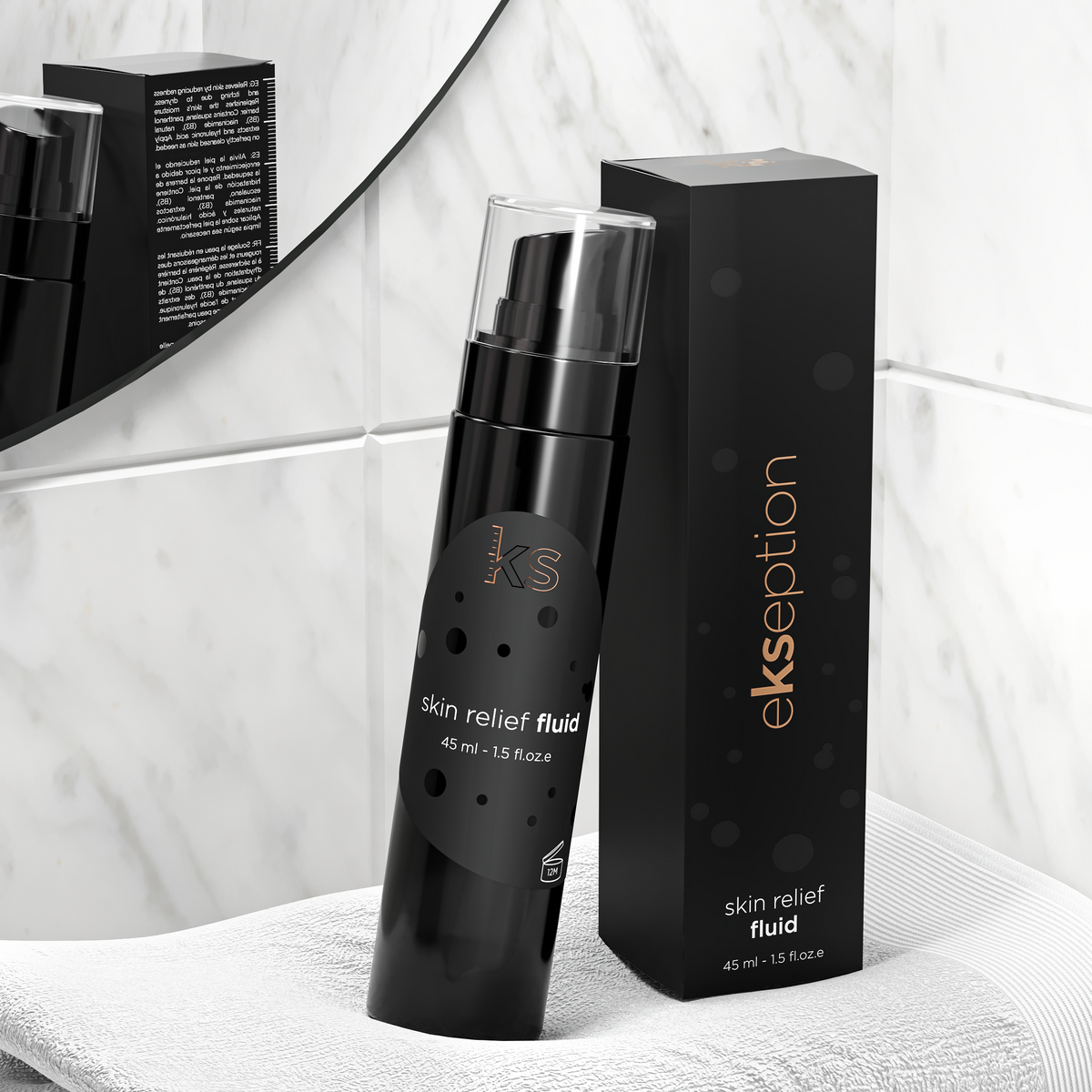 A black bottle of ekseption Super Retinol Fluid stands next to its matching black box on a white towel, set against a marble-tiled bathroom background with a mirror.