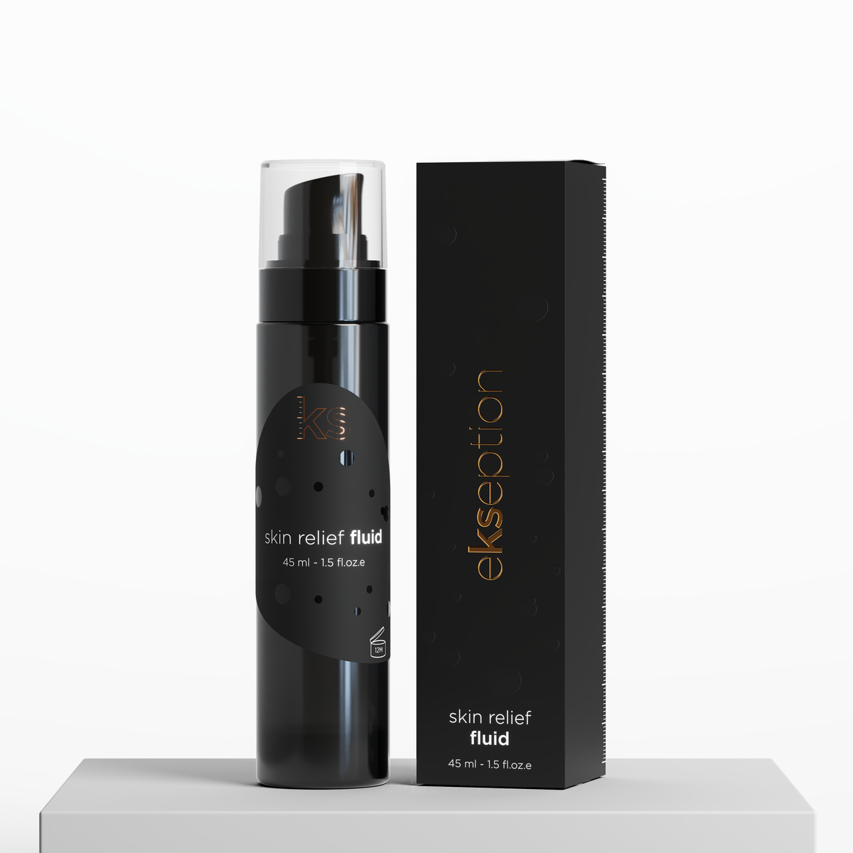 A black cylindrical pump bottle labeled 'skin relief fluid' stands next to its matching black rectangular box with gold text, both on a light gray platform against a white background. The brand name 'ekseption' is visible on the box.