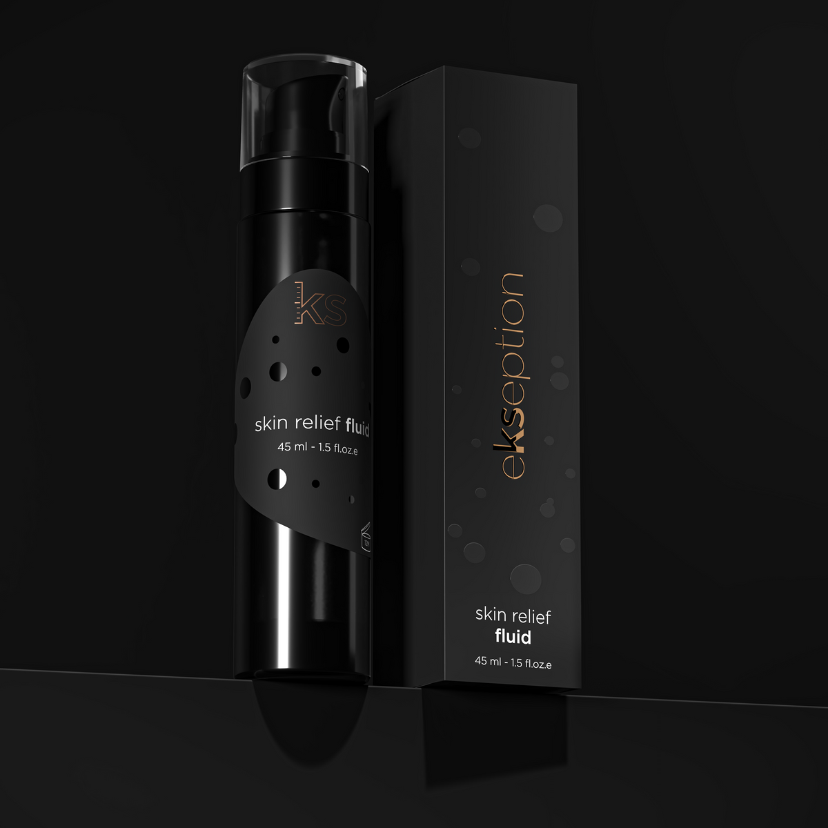 A black cylindrical skin relief fluid bottle with a clear cap stands beside a tall black box. The packaging features the brand name 'ekseption' in a metallic gold vertical font, with 'skin relief fluid' and '45 ml - 1.