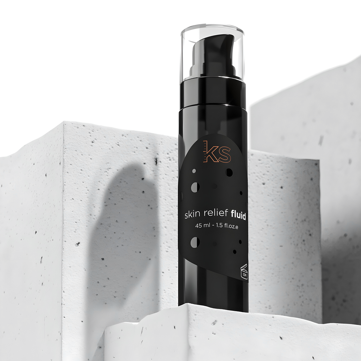A black cosmetic pump bottle labeled 'ekseptional super retinol face' stands upright between white textured concrete blocks against a white background.