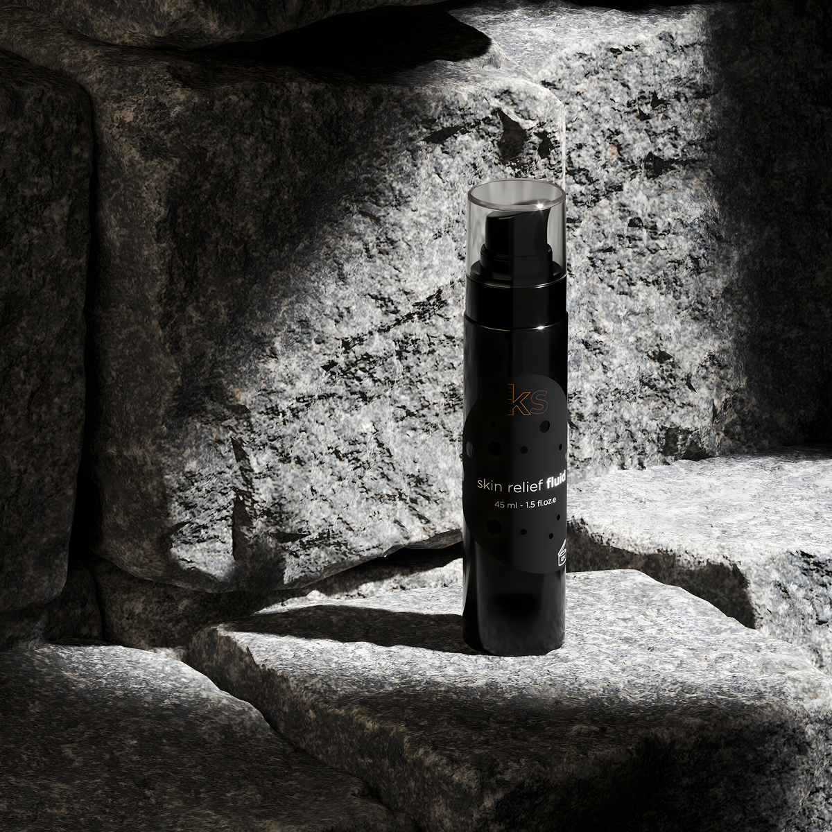 A black pump bottle of Ekseption Skin Relief Face Balm stands on a gray stone surface in a rocky, shadowed outdoor setting.