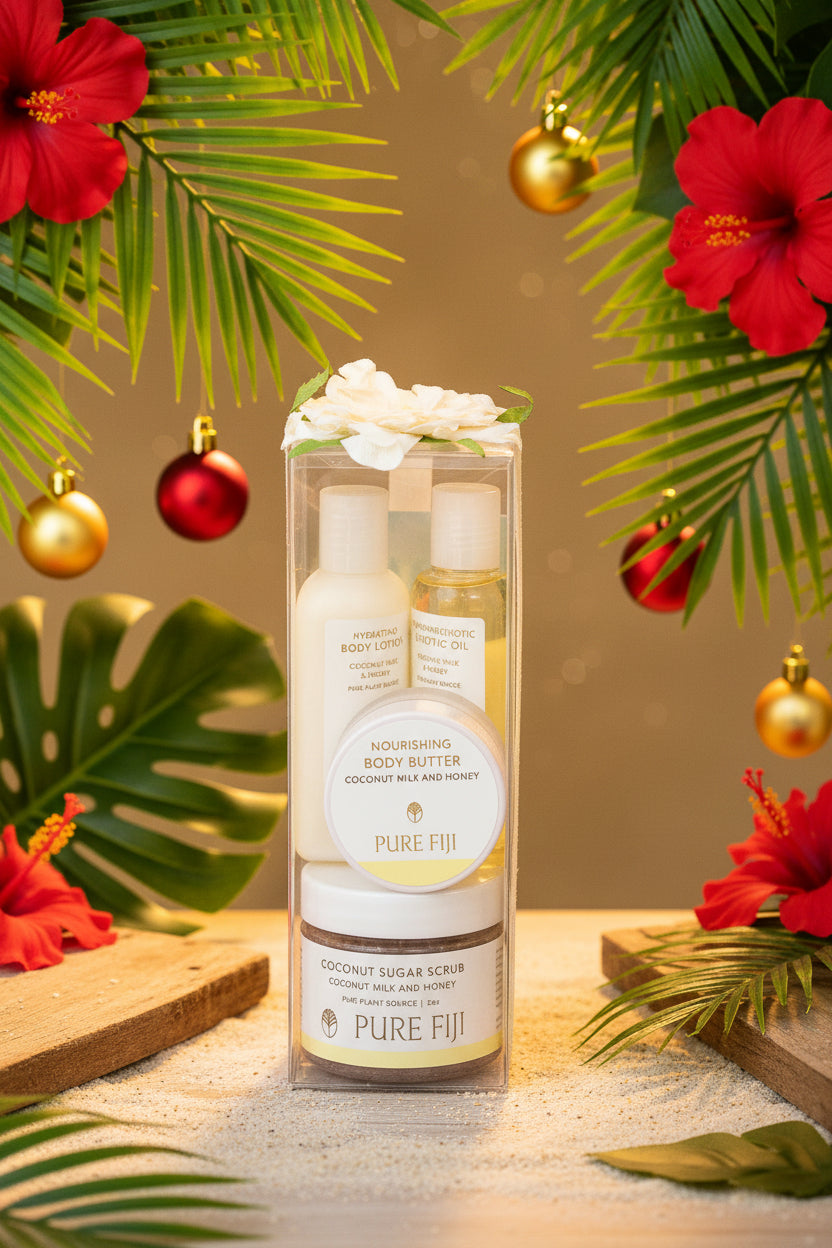 Packaged set of Pure Fiji body care products on a white background