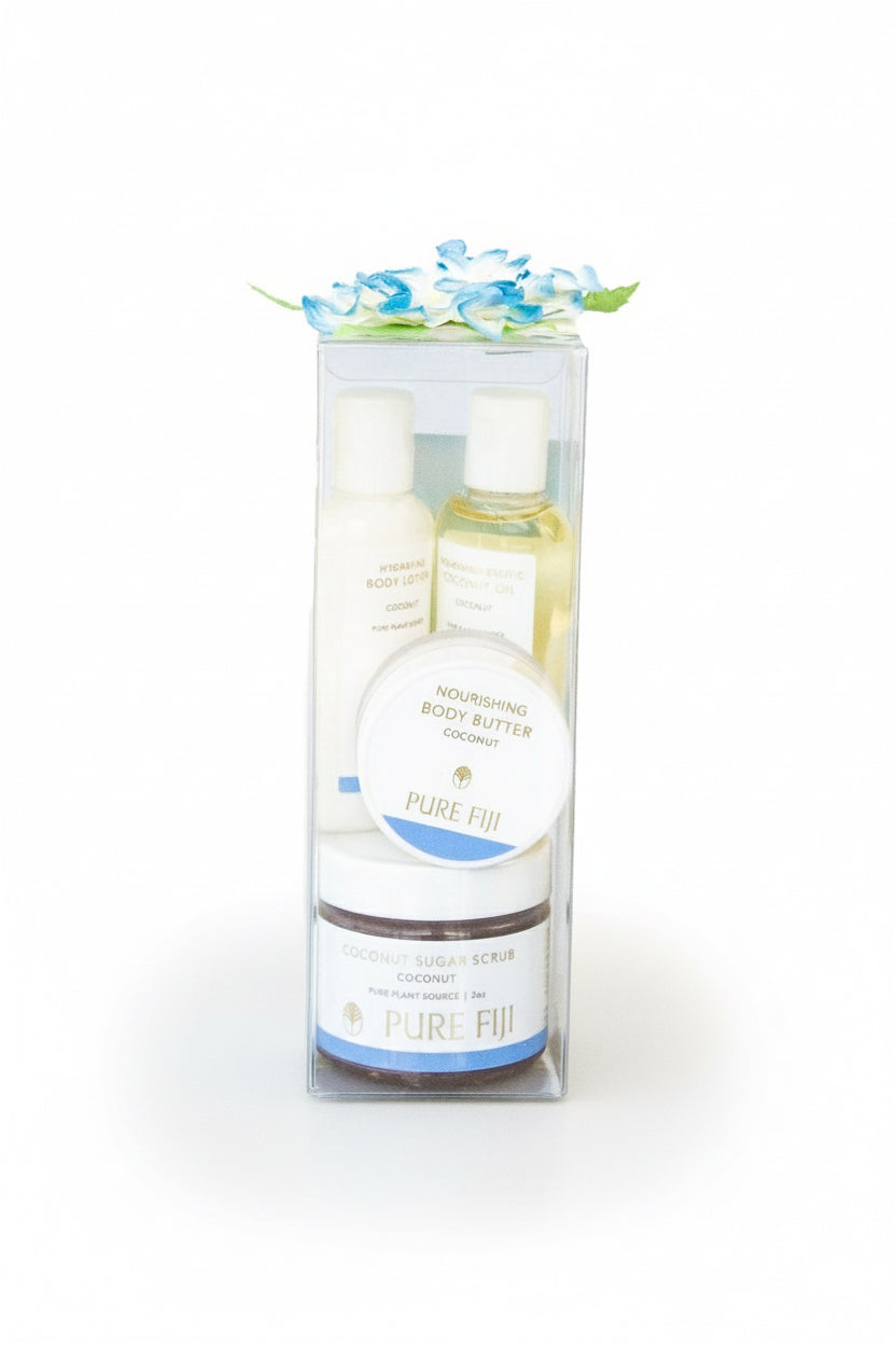 Packaged product with bottles and a label on a white background