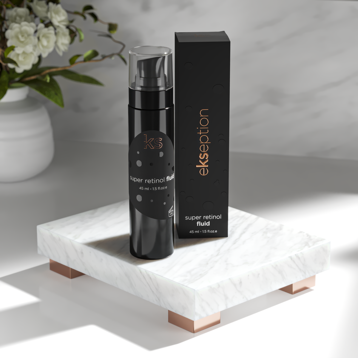 A black bottle of ekseption super retinol fluid stands next to its black packaging box on a white marble tray with rose gold legs, set against a marble background with white flowers in a vase.