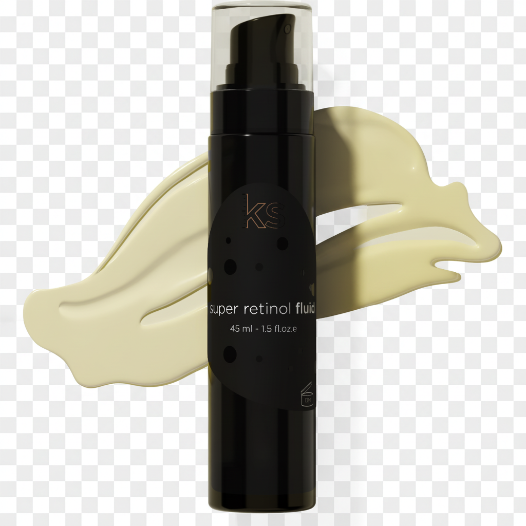 A black cosmetic pump bottle labeled 'Ekseptional Super Retinol Fluid' with a clear cap, centered over a pale cream smear on a warm beige background.
