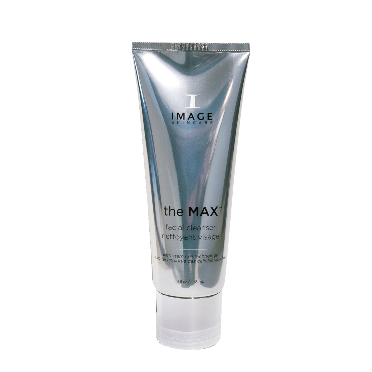 A tube of the MAX Stem Cell Facial Cleanser by IMAGE Skincare, with a silver and white color scheme.