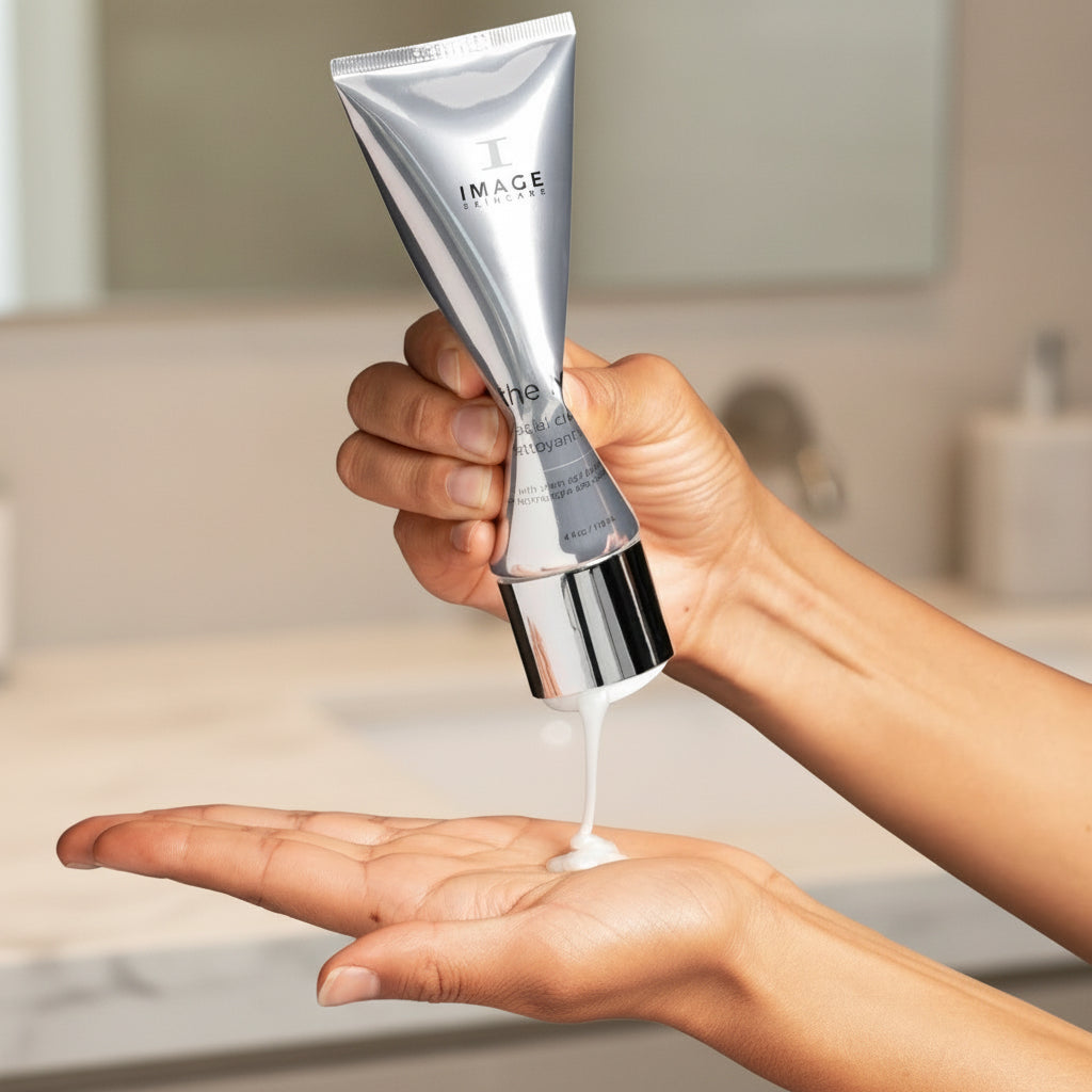 Hand holding a skincare product labeled 'IMAGE' with cream being dispensed onto another hand against a neutral background.
