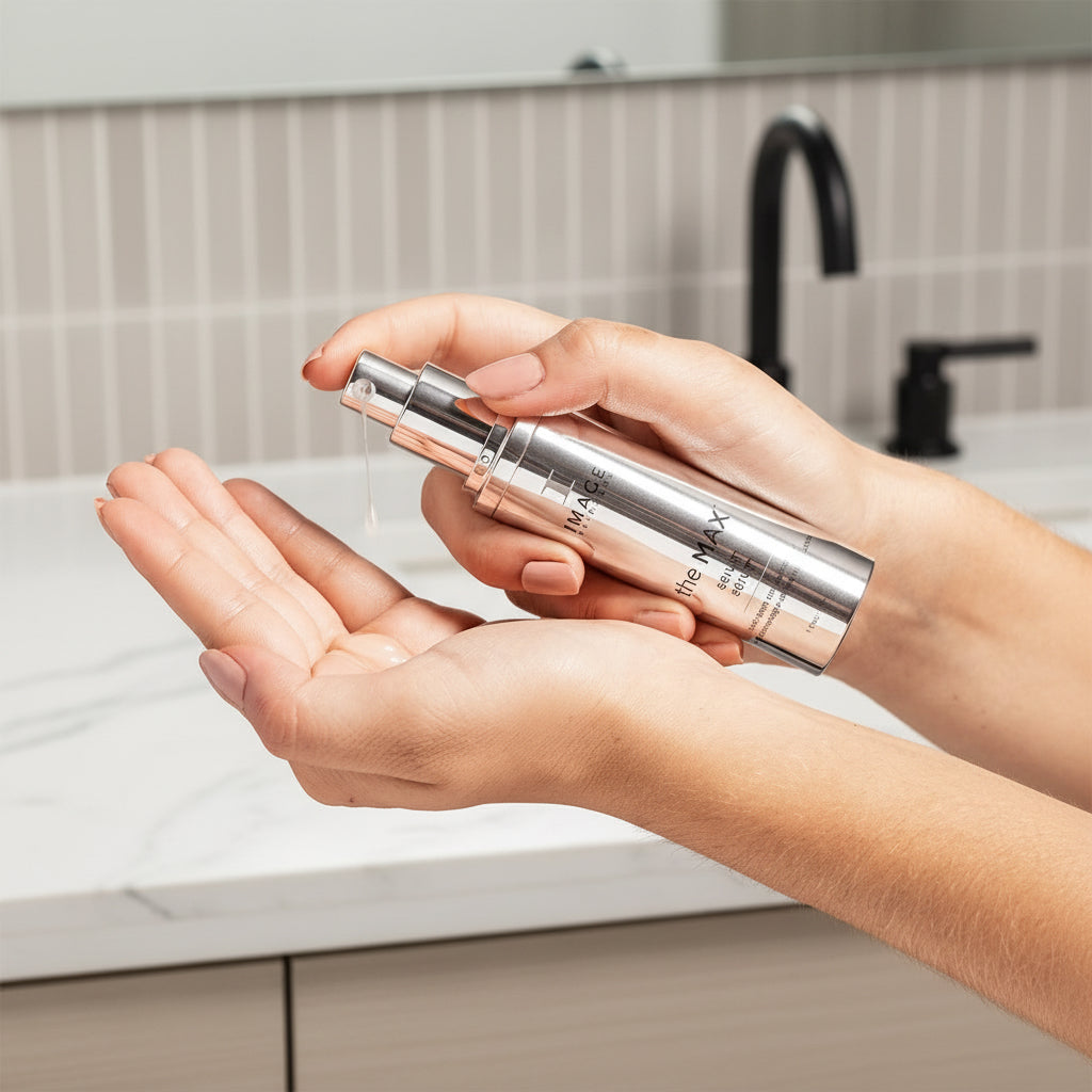 Silver skincare bottle held in a hand against a neutral background