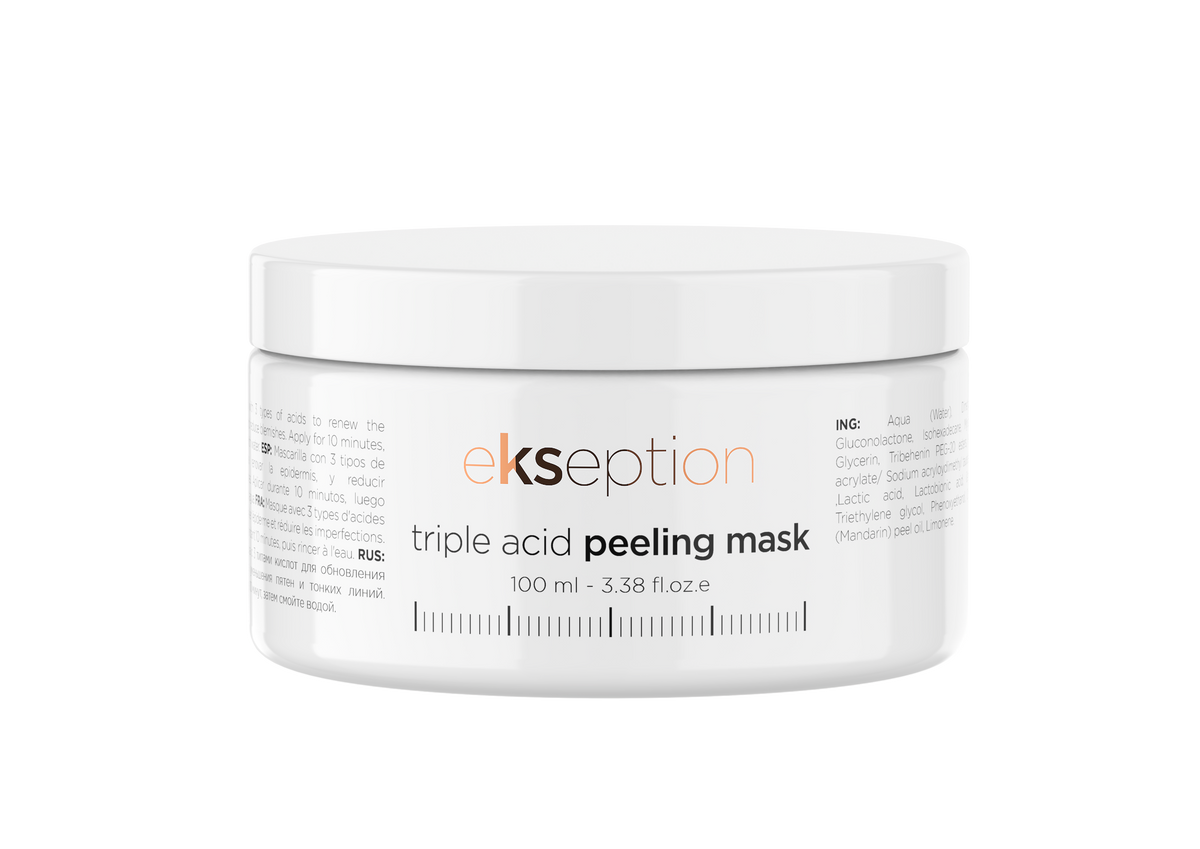 A white plastic jar of ekseption Triple Acid Peeling Mask with a white lid, featuring a clean white label with orange and black text, set against a plain white background.