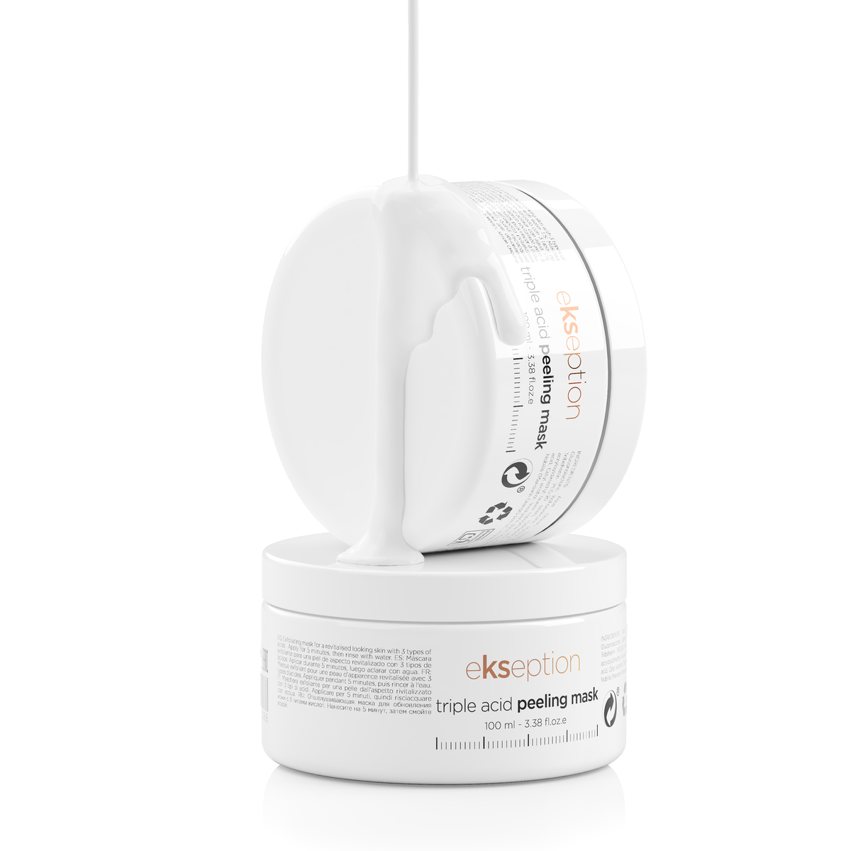 A white cosmetic jar labeled 'ekseption triple acid peeling mask' with a thick white cream dripping from the top, set against a seamless white background.