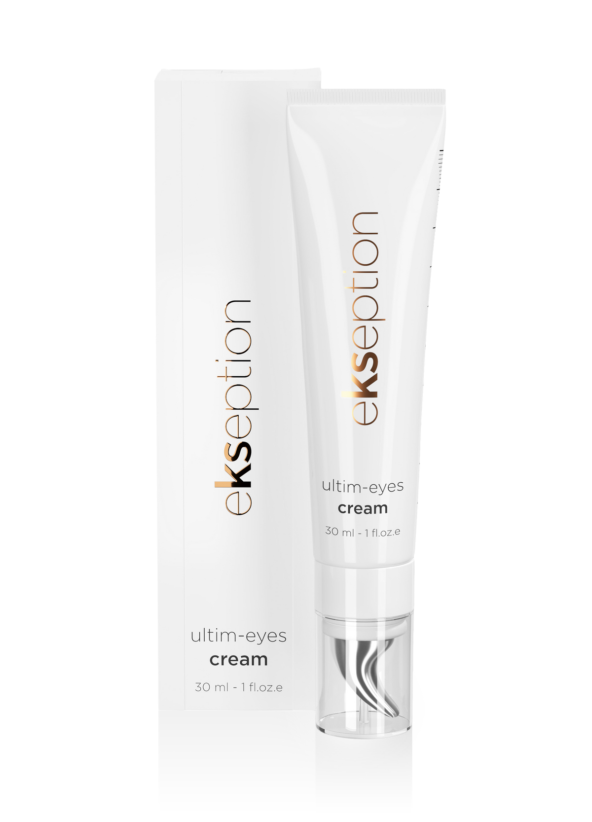Ekseption Ultim-Eyes Cream in a white squeeze tube with a clear cap, shown next to its matching white packaging box on a clean white background.