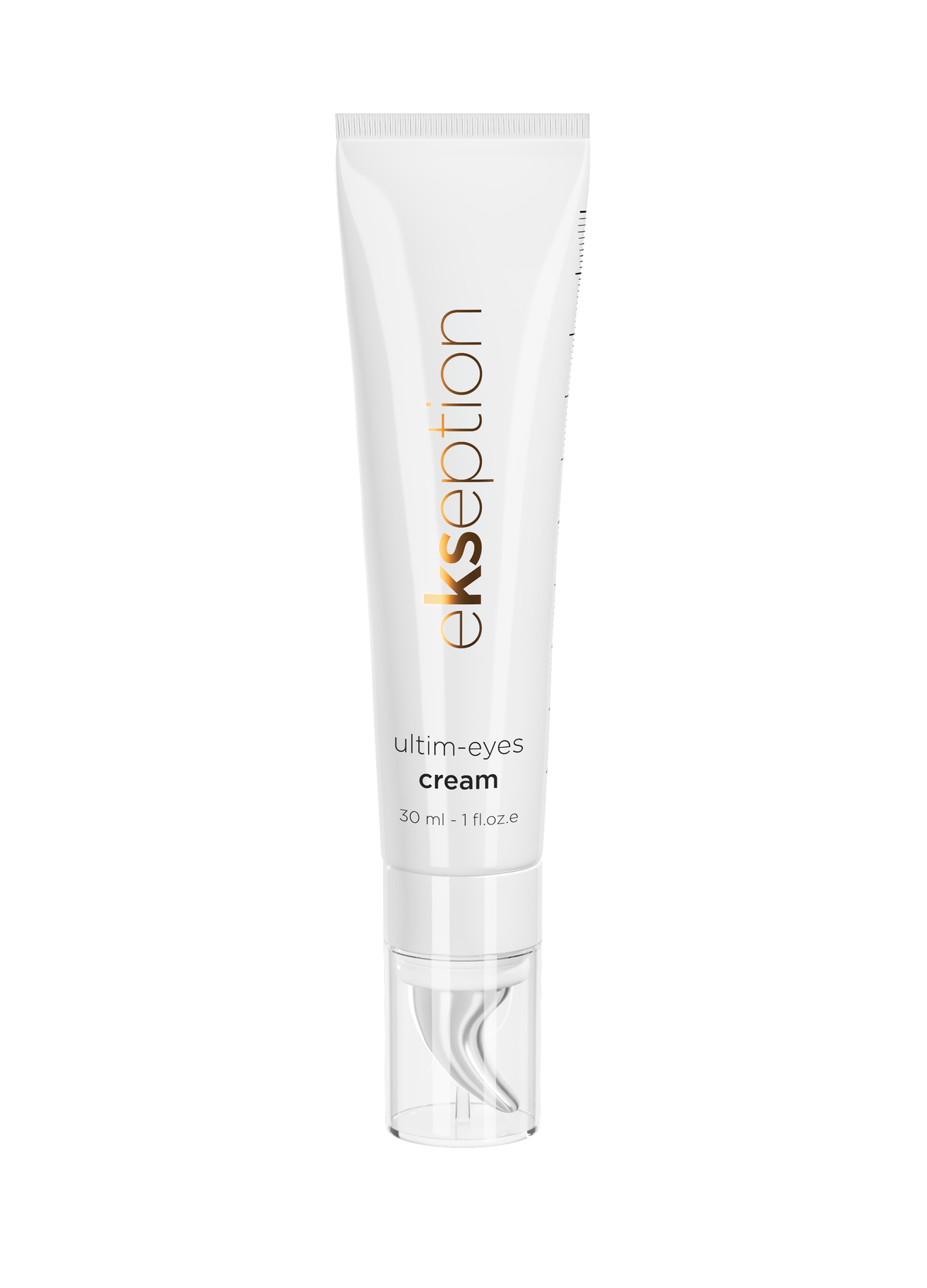 A white squeeze tube of eksepton Ultim-Eyes Cream with a clear cap, shown against a plain white background.